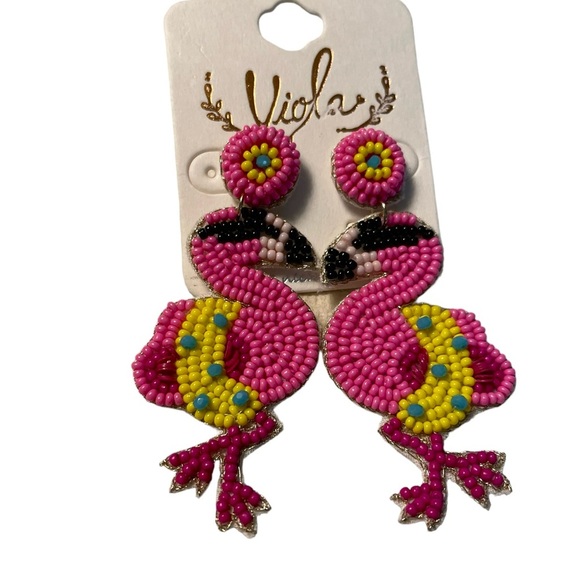 Viola Flamingo Beaded Earrings, Pink & Yellow, 3” x 1”, Colorful, New wi… - Picture 4 of 8